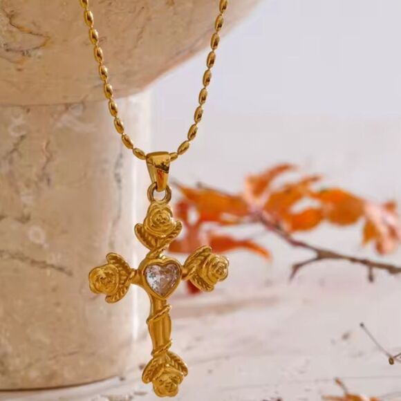 New Free People Gold Roses Cross Necklace with Heart Accent - Picture 3 of 11